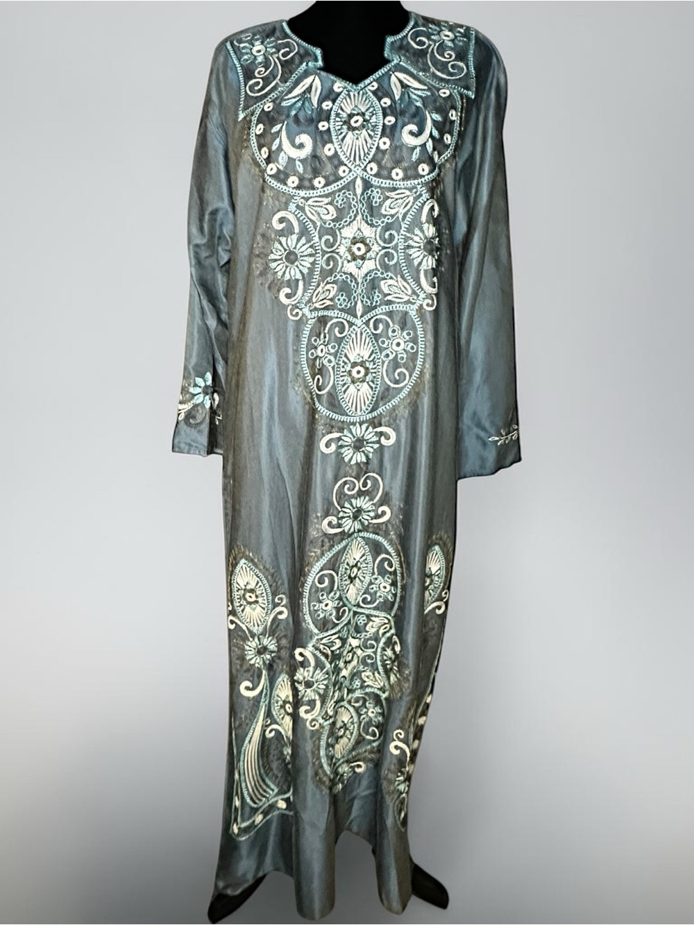 Saudi Arabian Kaftan Jalabiya Thobe Maxi Dress Blue Grey Embroidered XL